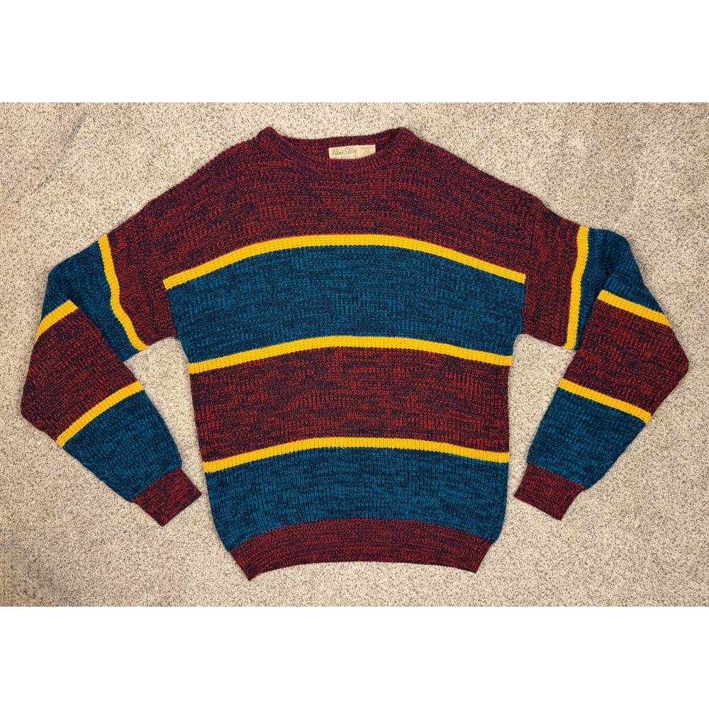 Men's Store Sweater‎ Vintage Striped XL Burgundy Teal Yellow 90s Retro